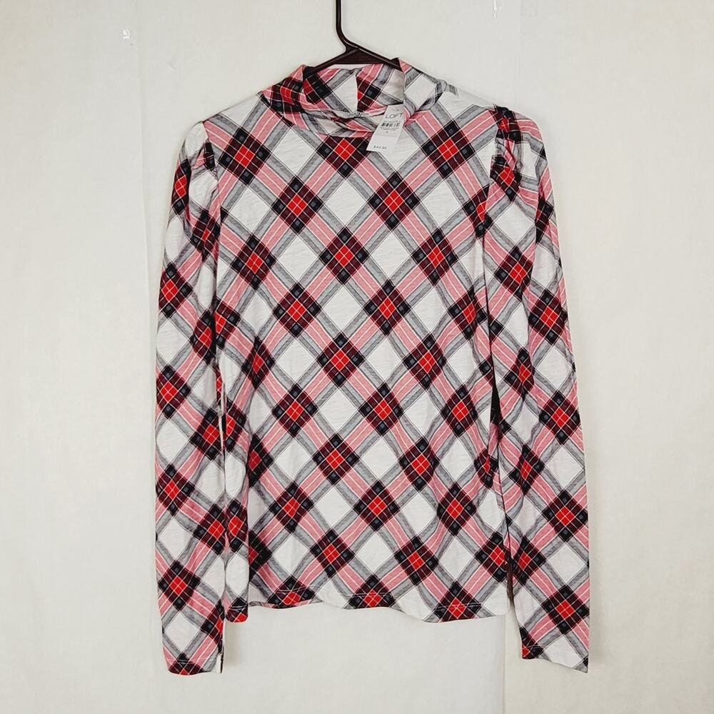 New Loft red plaid mock neck puff shoulder top Size small Preppy Staple Holiday